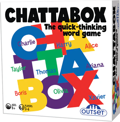 Box cover of Chattabox by Cheatwell Games: The quick-thinking word game with colorful letters, perfect party fun for 3-6 players ages 8 and up.