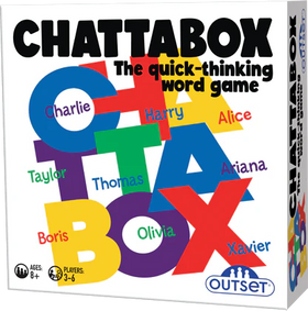 Box cover of Chattabox by Cheatwell Games: The quick-thinking word game with colorful letters, perfect party fun for 3-6 players ages 8 and up.