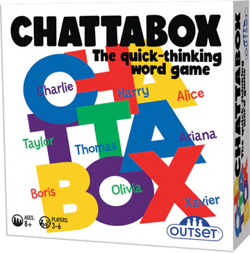 Box cover of Chattabox by Cheatwell Games: The quick-thinking word game with colorful letters, perfect party fun for 3-6 players ages 8 and up.