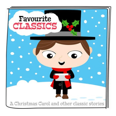 Illustrated book cover titled "Tonie - A Christmas Carol and other Classic Stories" featuring a smiling child in a top hat and red scarf holding a book against a snowy background. Text at the bottom: "Presented by Tonies, enjoy timeless literature perfect for family fun.