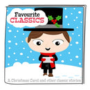 Illustrated book cover titled "Tonie - A Christmas Carol and other Classic Stories" featuring a smiling child in a top hat and red scarf holding a book against a snowy background. Text at the bottom: "Presented by Tonies, enjoy timeless literature perfect for family fun.