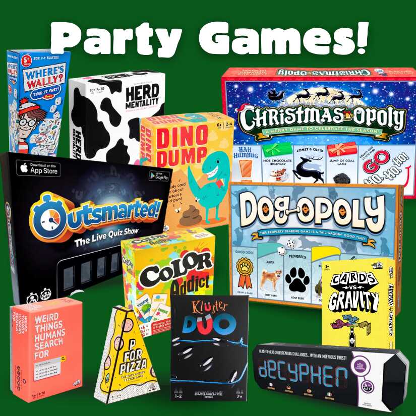 Green background, white text that reads: "Party Games!" and lots of boxes of Christmas party games.