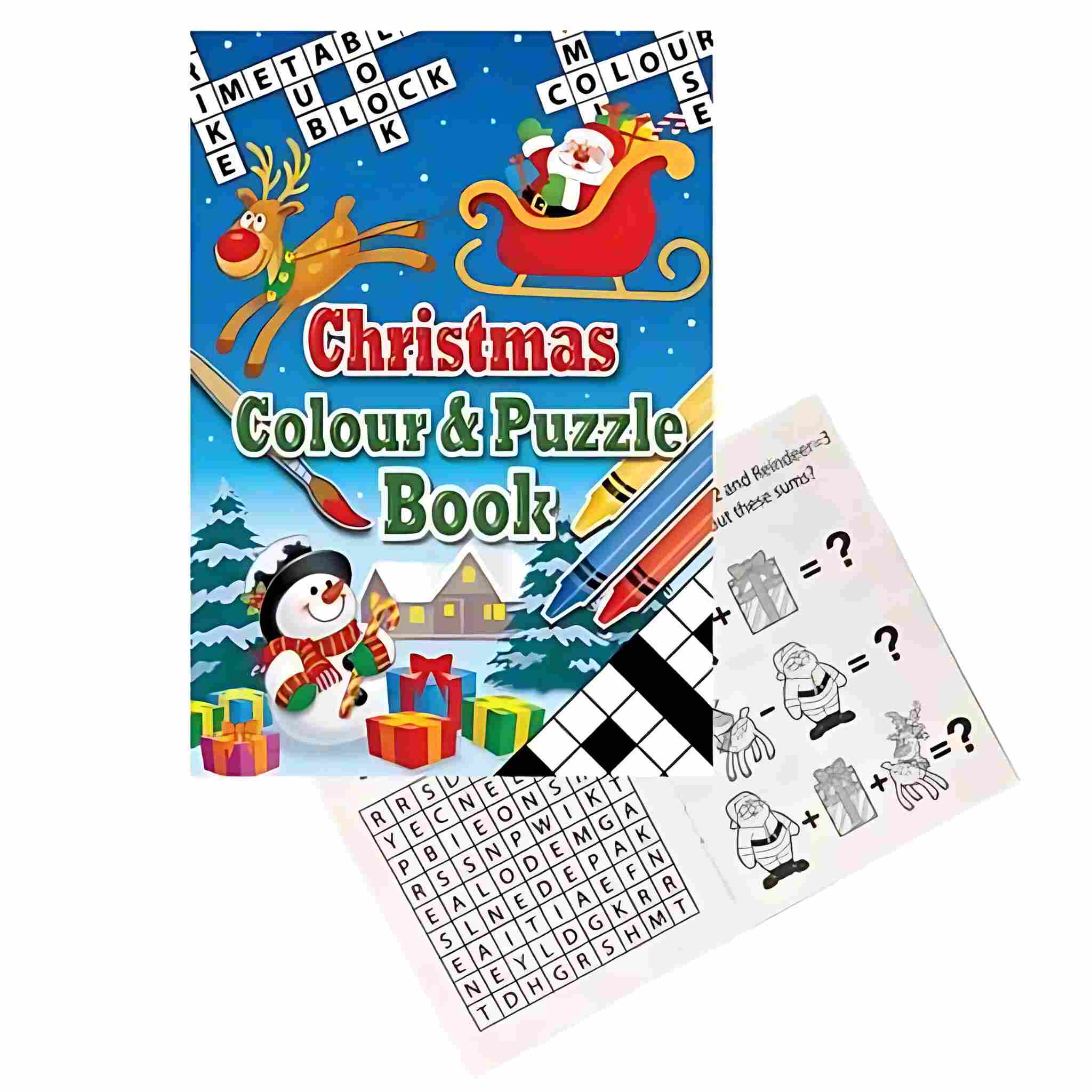 Cover of the "Christmas A6 Colour & Puzzle Book" by Playwrite, showcasing Santa on a sleigh, a snowman with gifts, and a crossword. It includes coloring pages along with a sample page featuring word searches and puzzles involving Santa, a train, and a reindeer—ideal as a stocking filler for holiday fun.