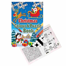 Cover of the "Christmas A6 Colour & Puzzle Book" by Playwrite, showcasing Santa on a sleigh, a snowman with gifts, and a crossword. It includes coloring pages along with a sample page featuring word searches and puzzles involving Santa, a train, and a reindeer—ideal as a stocking filler for holiday fun.
