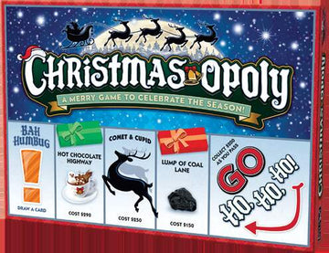 Box cover of Christmas-Opoly by Cheatwell, a festive holiday-themed board game with Santa's sleigh, reindeer, and playful property names such as "Bah Humbug" and "Hot Chocolate Highway." The tagline reads: "A merry game to celebrate the holiday season!