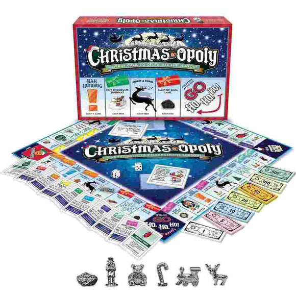 Christmas-Opoly by Cheatwell is a delightful board game perfect for the holiday season, providing a festive twist with elements like Santa, reindeer, and cheerful holiday-themed properties. The colorful box and board come complete with dice, cards, and miniature game pieces for endless fun.