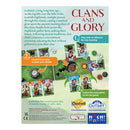 Back of the Clans And Glory box by Outset Media, showcasing illustrated components, gameplay instructions, and a brief Scottish Highlands story. Icons and text outline how to play this strategic card game and list its contents.