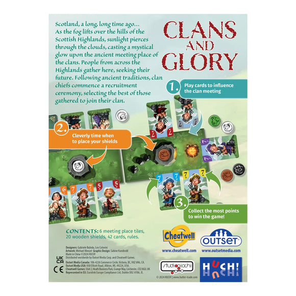 Back of the Clans And Glory box by Outset Media, showcasing illustrated components, gameplay instructions, and a brief Scottish Highlands story. Icons and text outline how to play this strategic card game and list its contents.