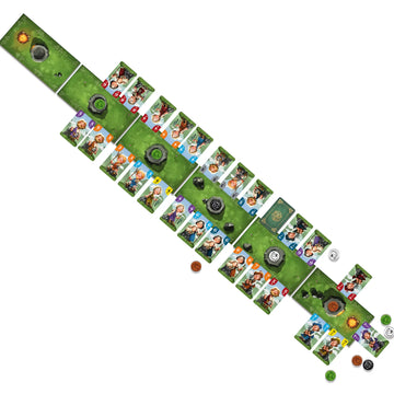 A diagonal layout of Clans And Glory by Outset Media, showcasing vibrant character cards, tokens, and markers arranged on a green background with colorful illustrations and symbols for strategic play.