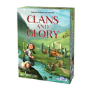 The box cover of "Clans And Glory" by Outset Media shows a girl with sheep beside a stream, as mini figures make strategic moves on green hills beneath a bright blue sky.