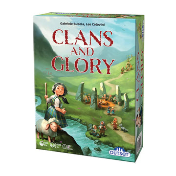 The box cover of "Clans And Glory" by Outset Media shows a girl with sheep beside a stream, as mini figures make strategic moves on green hills beneath a bright blue sky.