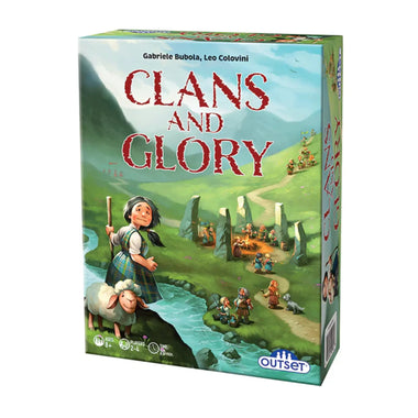 The box cover of "Clans And Glory" by Outset Media shows a girl with sheep beside a stream, as mini figures make strategic moves on green hills beneath a bright blue sky.