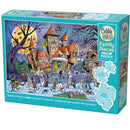 The Cobblehill Puzzles "Haunted House (350 pieces) Family Jigsaw" features a whimsical scene with playful ghosts, pumpkins, and costumed characters under a bright moonlit sky.
