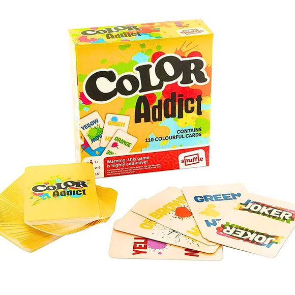 With its bright and lively box, "Color Addict" by Shuffle features a vivid display of paint splashes and text on its cards. When spread out, the game reveals a captivating array of colors and words, such as "JOKER." This engaging color-matching game comes with 110 cards and promises to be incredibly addictive for players.