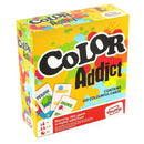 The packaging of the "Color Addict" color-matching game from Shuffle showcases a lively, splattered paint design. It comes with 110 vibrant cards and is ideal for players aged 7 and up. Accommodating 2-6 players, each game lasts around 15 minutes. A caution highlights that this card game can be highly addictive.
