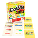 A vibrant card game box branded as "Shuffle" features the "Color Addict" game, which centers around a color-matching challenge using cards with words like "Joker," "Green," and "Blue" presented in various colors. The package includes 110 vivid cards, enticing players to engage in this dynamic gaming experience.
