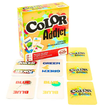 A vibrant card game box branded as "Shuffle" features the "Color Addict" game, which centers around a color-matching challenge using cards with words like "Joker," "Green," and "Blue" presented in various colors. The package includes 110 vivid cards, enticing players to engage in this dynamic gaming experience.