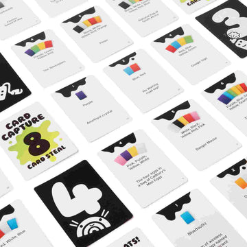 A vibrant grid of playing cards from Big Potato's family game, Colour Brain, showcases rainbow designs with names like "Card Capture 8," "4," and words such as "Purple," "Amethyst Crystal," and "Bluetooth." It's perfect for an engaging quiz game night.