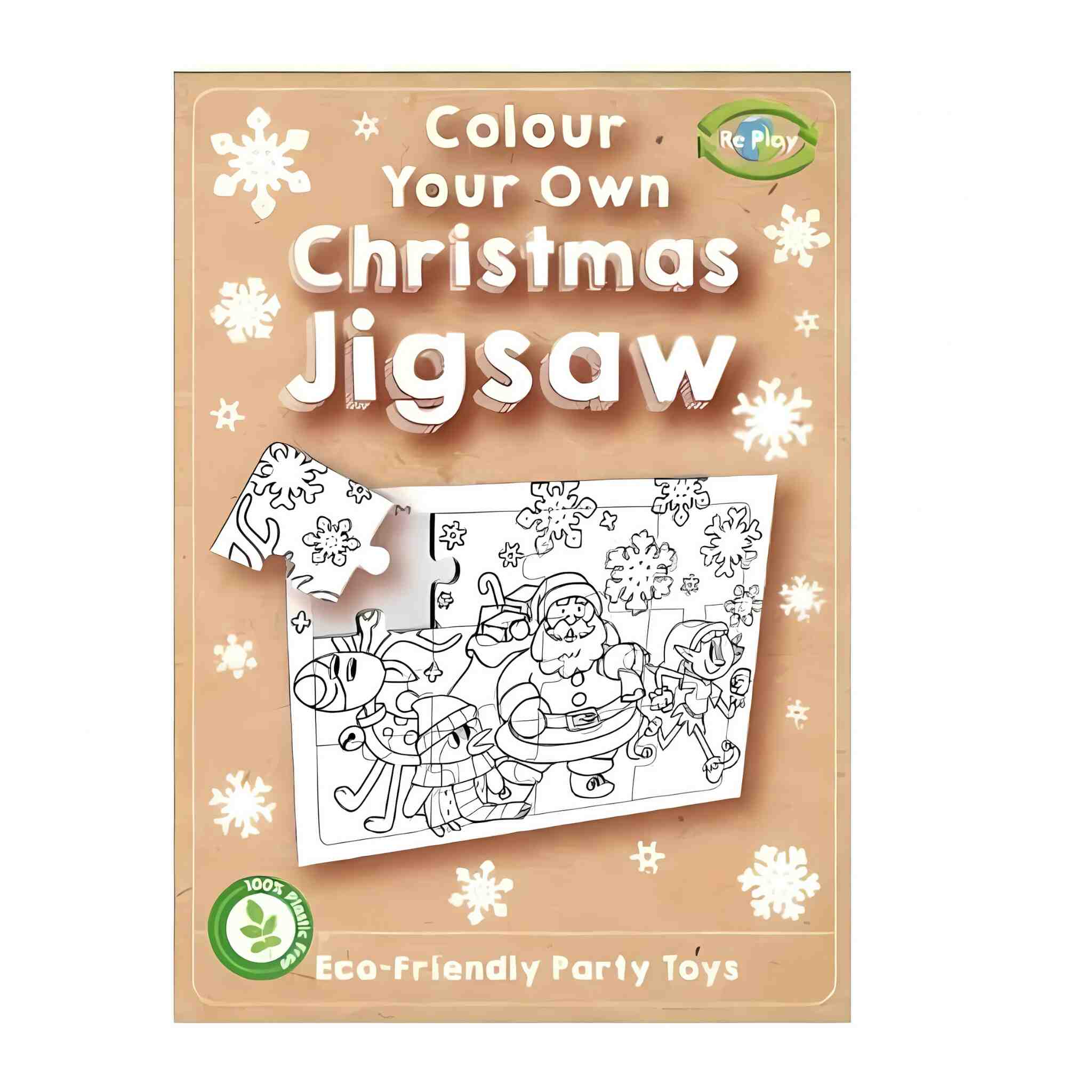 The Playwrite Christmas Colour-In Jigsaw is a festive puzzle set depicting Santa Claus, reindeer, and elves in delightful outlines. This eco-friendly product emphasizes sustainable fun with its plastic-free design, snowflake motifs, and a "100% recycled" logo prominently displayed on the packaging.