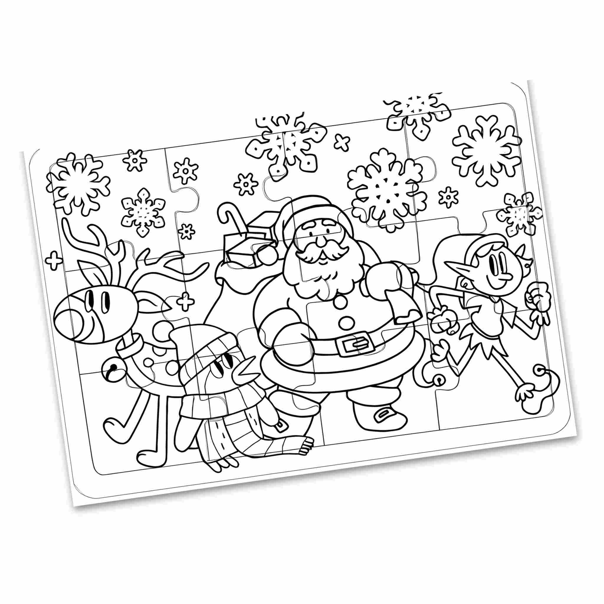 Enjoy the festive cheer with the Christmas Colour-In Jigsaw by Playwrite, featuring delightful characters like Santa Claus, a reindeer, and an elf strolling through a snowy wonderland. Snowflakes dance around their smiling faces as Santa carries a gift bag and the elf holds a candy cane, perfectly capturing the joy of this plastic-free holiday scene.