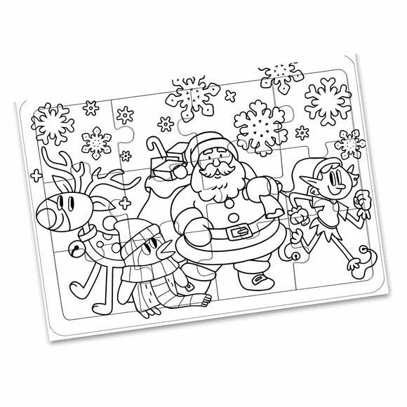 Enjoy the festive cheer with the Christmas Colour-In Jigsaw by Playwrite, featuring delightful characters like Santa Claus, a reindeer, and an elf strolling through a snowy wonderland. Snowflakes dance around their smiling faces as Santa carries a gift bag and the elf holds a candy cane, perfectly capturing the joy of this plastic-free holiday scene.