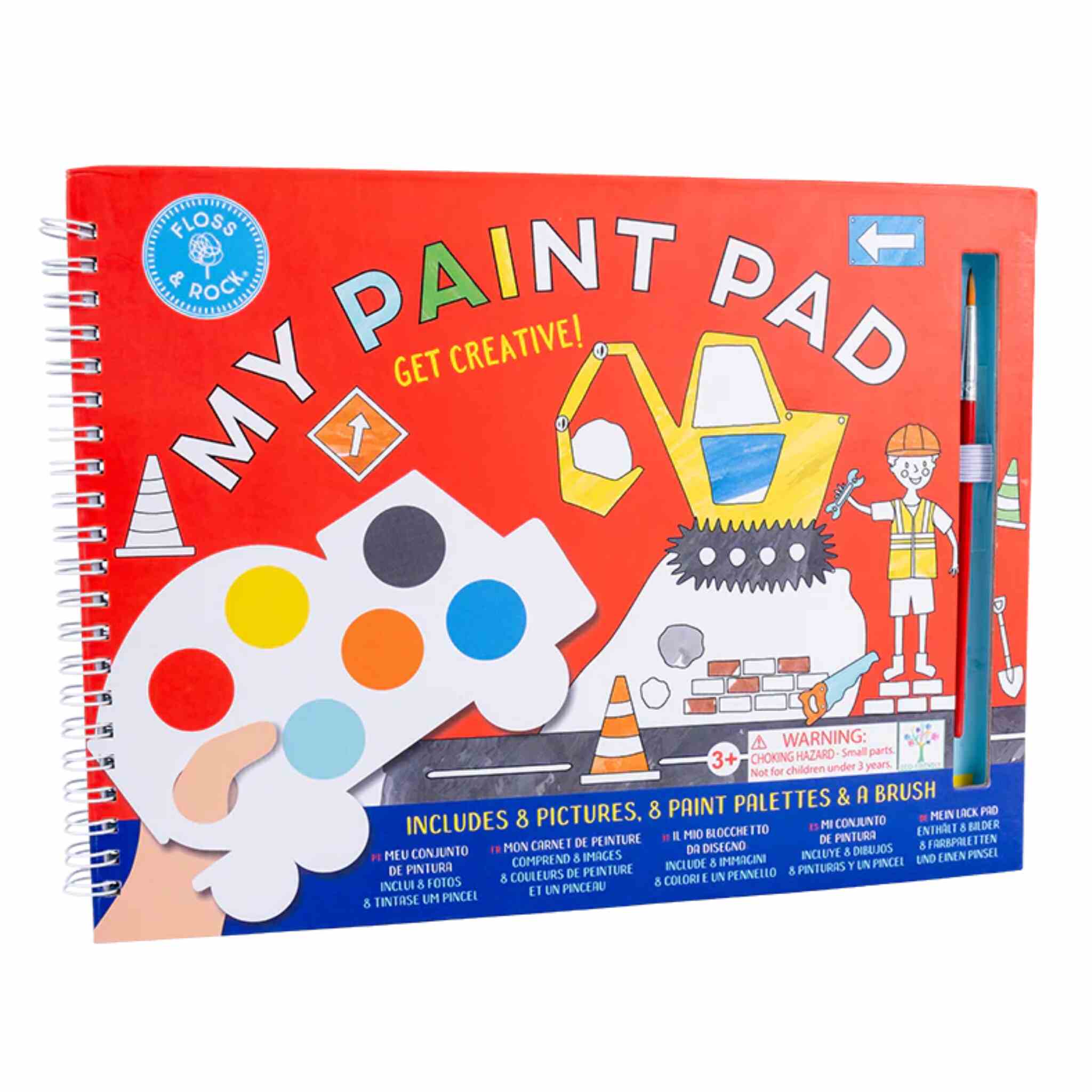 The "Construction My Painting Pad" by Floss & Rock is a children's art set with a construction theme, featuring truck-shaped paint palettes and 8 vibrant illustrations. This eco-friendly, spiral-bound paint pad includes a brush and displays construction equipment on its red cover.