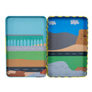 Discover the Construction Magnetic Playtime by Floss & Rock, housed in an open magnetic tin featuring illustrated landscape scenes crafted from recycled materials. The left side showcases a green field with a bridge, while the right side depicts a road leading to mountains under a blue sky. Pop-out magnets enhance each serene view.