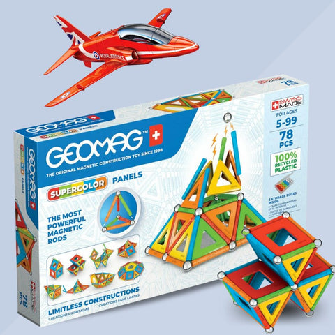 Red arrows kit plane and a box containing Geomag magnetic pieces with a colourful shape sitting front right.