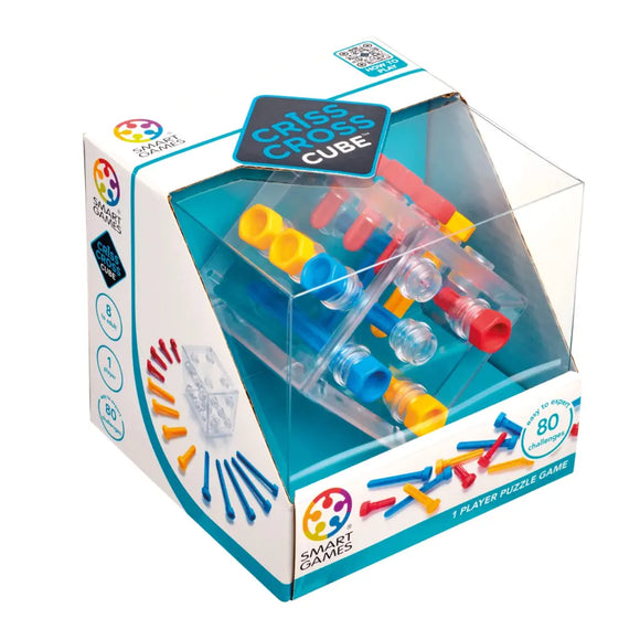The "Criss Cross Cube" by Smart Games is a brain teaser featuring multicoloured pieces in red, blue, and yellow. It comes with a challenge guide containing 80 logic game challenges for ages 8 and up.