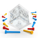 The Criss Cross Cube by Smart Games is a transparent puzzle with interlocking pieces that invites you into a world of logic and problem-solving, featuring colorful red, blue, and yellow plastic pegs on a white background.