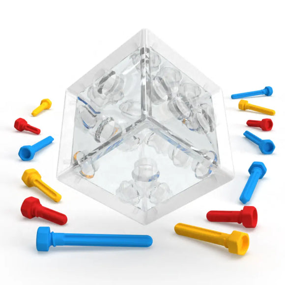 The Criss Cross Cube by Smart Games is a transparent puzzle with interlocking pieces that invites you into a world of logic and problem-solving, featuring colorful red, blue, and yellow plastic pegs on a white background.