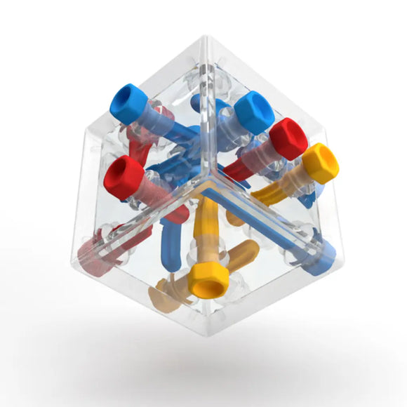 The Criss Cross Cube by Smart Games is a transparent cube featuring red, blue, and yellow interlocking rods in a symmetrical pattern. This creates an intricate 3D puzzle-like appearance on a white background, blending visual appeal with logic and problem-solving challenges.