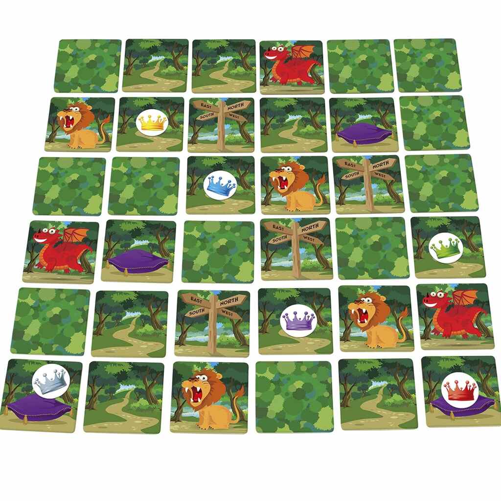 In Crown The Unicorn by Cheatwell, a 5x6 grid displays cards featuring trees, red dragons, orange lions, colored crowns, and "North" or "South" signs. Some cards feature a green leafy design face-down in this whimsical game where fantasy meets discovery.