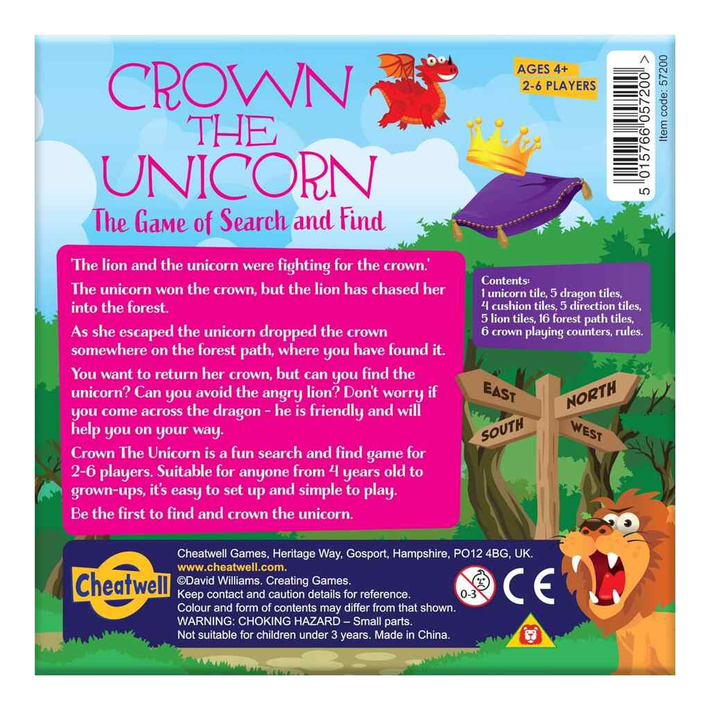 The "Crown The Unicorn" board game by Cheatwell showcases a vibrant castle and compass design on the box, depicting a unicorn and lion battling for the crown. Ideal for ages 4+, this engaging search-and-find game accommodates 2-6 players with all-inclusive contents.