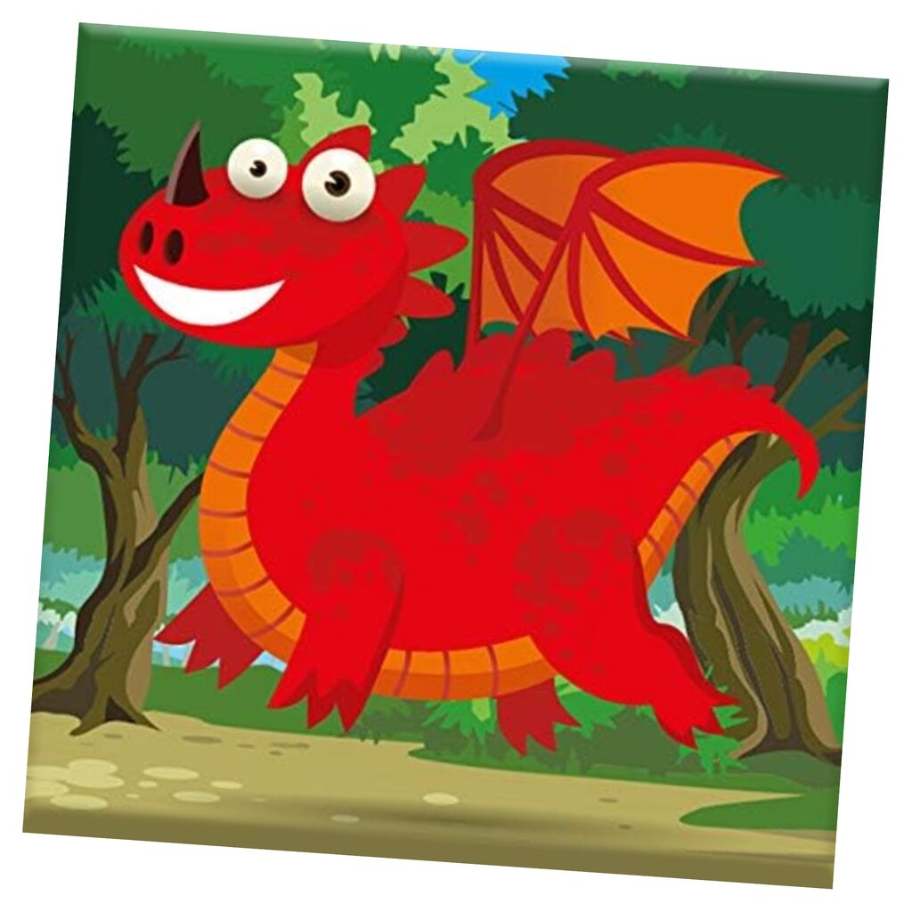 In a vibrant forest under a blue sky, "Crown The Unicorn" by Cheatwell features a playful red dragon with big eyes, a wide smile, and small wings. As part of the search and find game, players can seek out a hidden crown amidst the lush scenery.