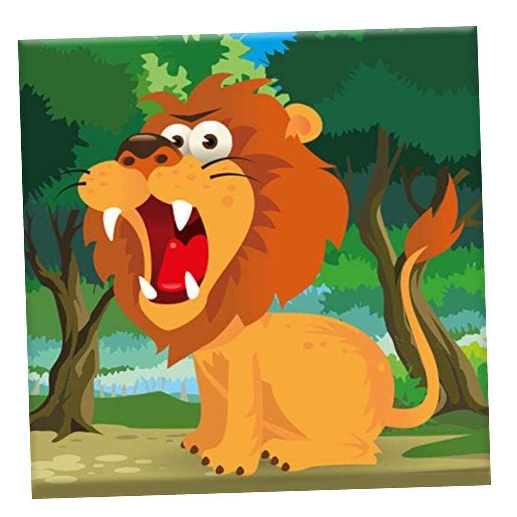 A cartoon illustration titled "Crown The Unicorn" by Cheatwell depicts a lion with a big mane and crown, roaring proudly in a vibrant forest background with trees and a blue sky.