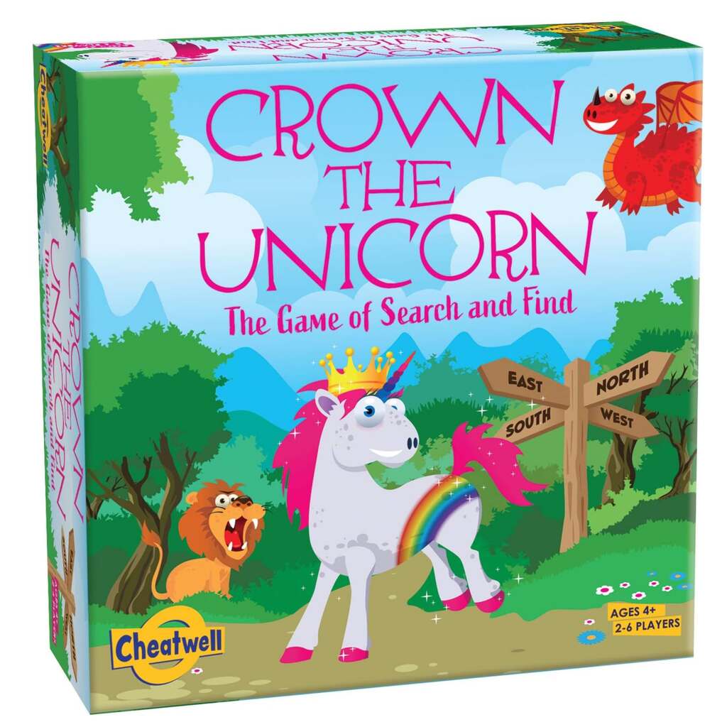 Cover of "Crown The Unicorn" by Cheatwell: Features a cartoon unicorn with a rainbow mane and crown, plus a signpost, red dragon in flight, and roaring lion, set in an enchanting forest. Ideal for ages 4+.