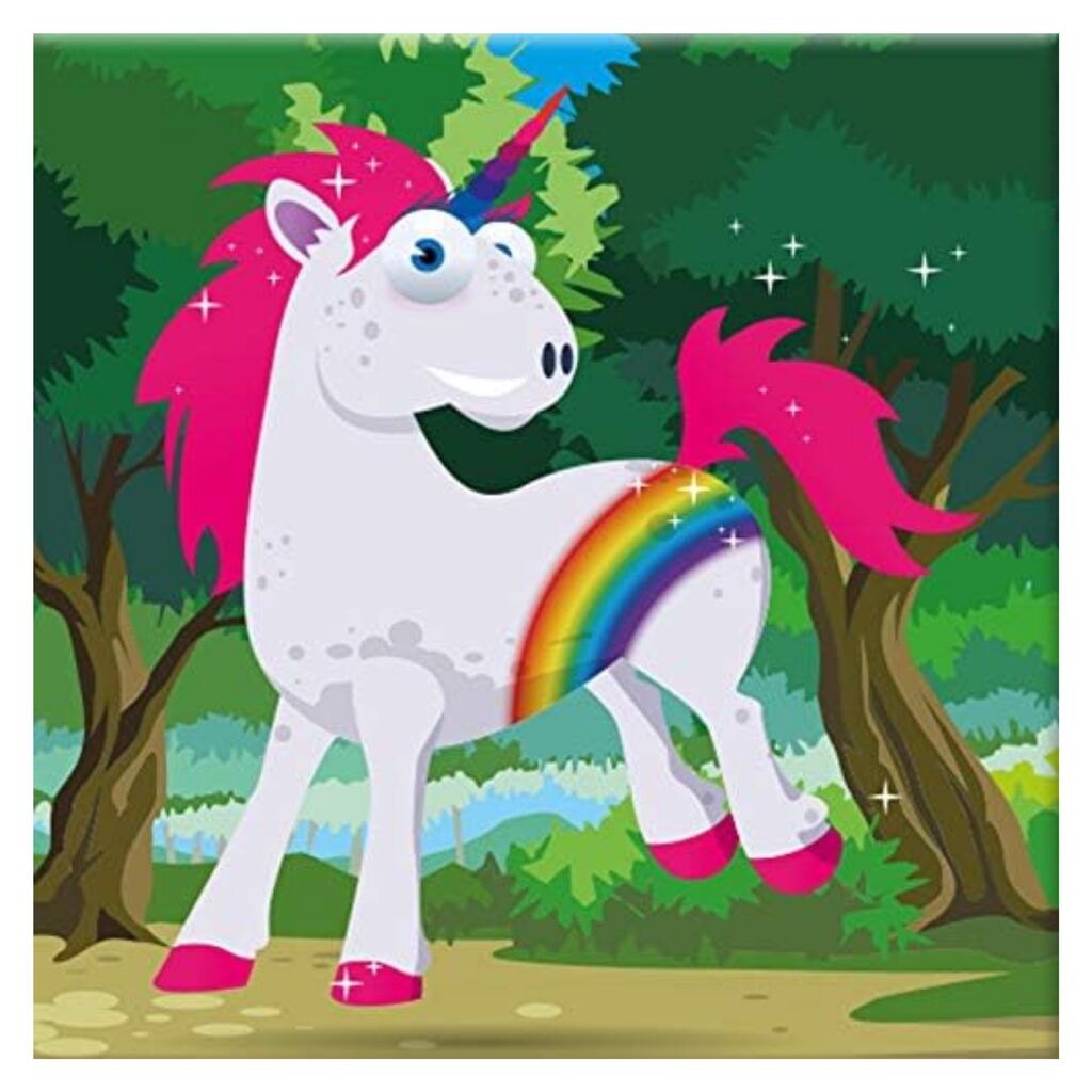 Crown The Unicorn by Cheatwell stands whimsically in a forest with a pink mane, rainbow tail, and shining crown. It has a rainbow on its side, surrounded by stars, creating a magical search and find setting amidst the trees and greenery.