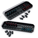 Two black rectangular boards and parts that make up the Decypher game.