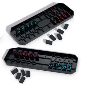 Two black rectangular boards and parts that make up the Decypher game.