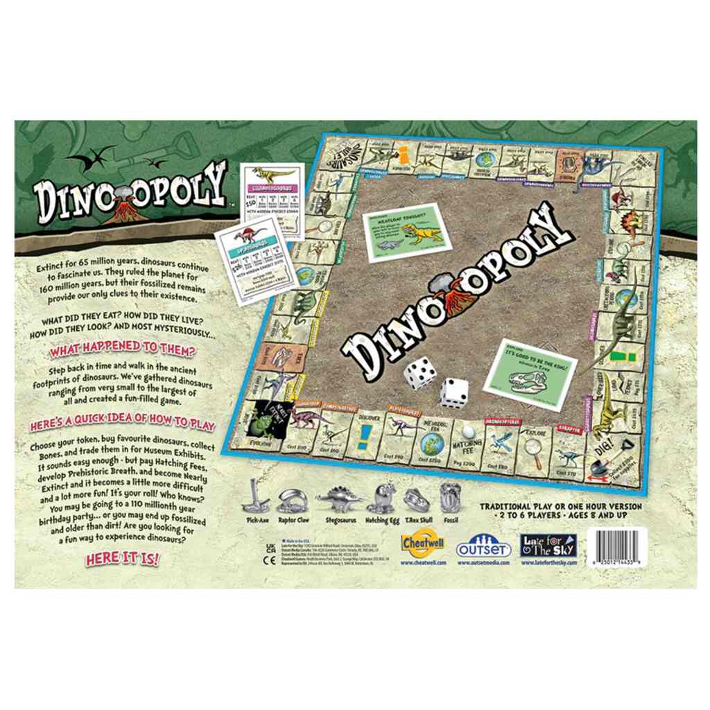 The image shows the back of a Dino-Opoly box from Outset Cheatwell, featuring its dinosaur-themed board, cards, and dice. Captivating dinosaur illustrations enrich the background alongside text detailing the game's concept and play instructions.