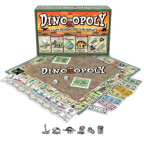 Explore Dino-Opoly by Outset Cheatwell, a captivating dinosaur-themed board game featuring a board with dinosaur names, pieces like dinosaur figures, dice, cards, and play money. The box displays the title with vivid dinosaur illustrations.