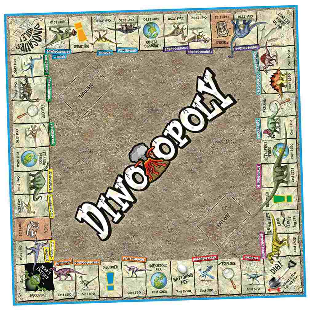 Discover Dino-Opoly by Outset Cheatwell! This dinosaur-themed board game lets you explore a prehistoric world with captivating dinosaur illustrations and themed terms. Experience a unique twist on Monopoly with special cards and corner positions that bring the ancient era to life!.