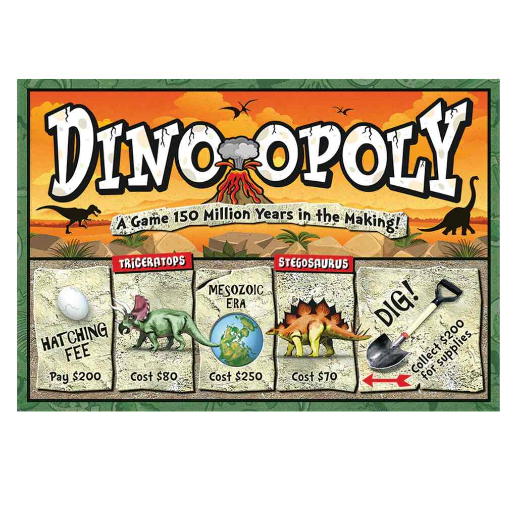 Dino-Opoly" by Outset Cheatwell features a vibrant volcanic scene with Triceratops and Stegosaurus. Players experience prehistoric adventures with elements like "Hatching Fee," a shovel prompting to "Dig!" and "Collect 200 Fossil Supplies!.