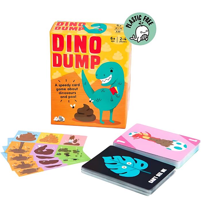 Dino Dump" by Big Potato is an exciting and colorful card game featuring dinosaur and poop-themed cards, ideal for 2-4 players aged 6 and up. This travel-sized game comes in a box adorned with vibrant dinosaur illustrations. Its packaging boasts a "Plastic Free" badge, promising eco-friendly entertainment wherever you go!