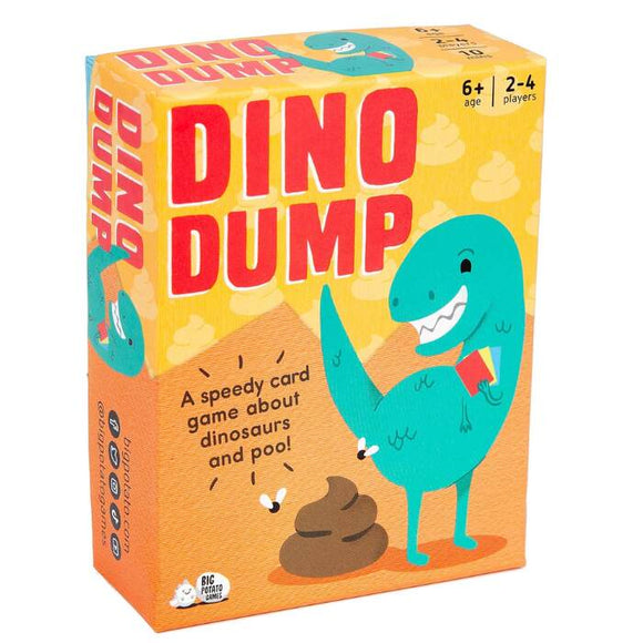 The travel-size game "Dino Dump" by Big Potato features a cartoon dinosaur holding a card on its packaging. This fast-paced card game revolves around dinosaurs and poo, suitable for ages 6 and up, accommodating 2-4 players. Plus, it comes with entertaining dino poo stickers!