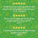 The green background adorned with yellow stars showcases three reviews in white text about Big Potato's travel-size Dino Dump game. Reviewers highlight that it's an exciting choice for fans of dinosaurs and dino poo, ideal for camping trips, and enjoyable for both kids and adults—a perfect dinosaur card game experience featuring dino poo stickers!