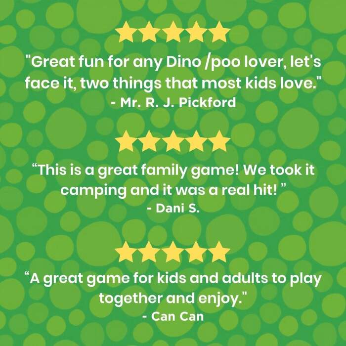 The green background adorned with yellow stars showcases three reviews in white text about Big Potato's travel-size Dino Dump game. Reviewers highlight that it's an exciting choice for fans of dinosaurs and dino poo, ideal for camping trips, and enjoyable for both kids and adults—a perfect dinosaur card game experience featuring dino poo stickers!