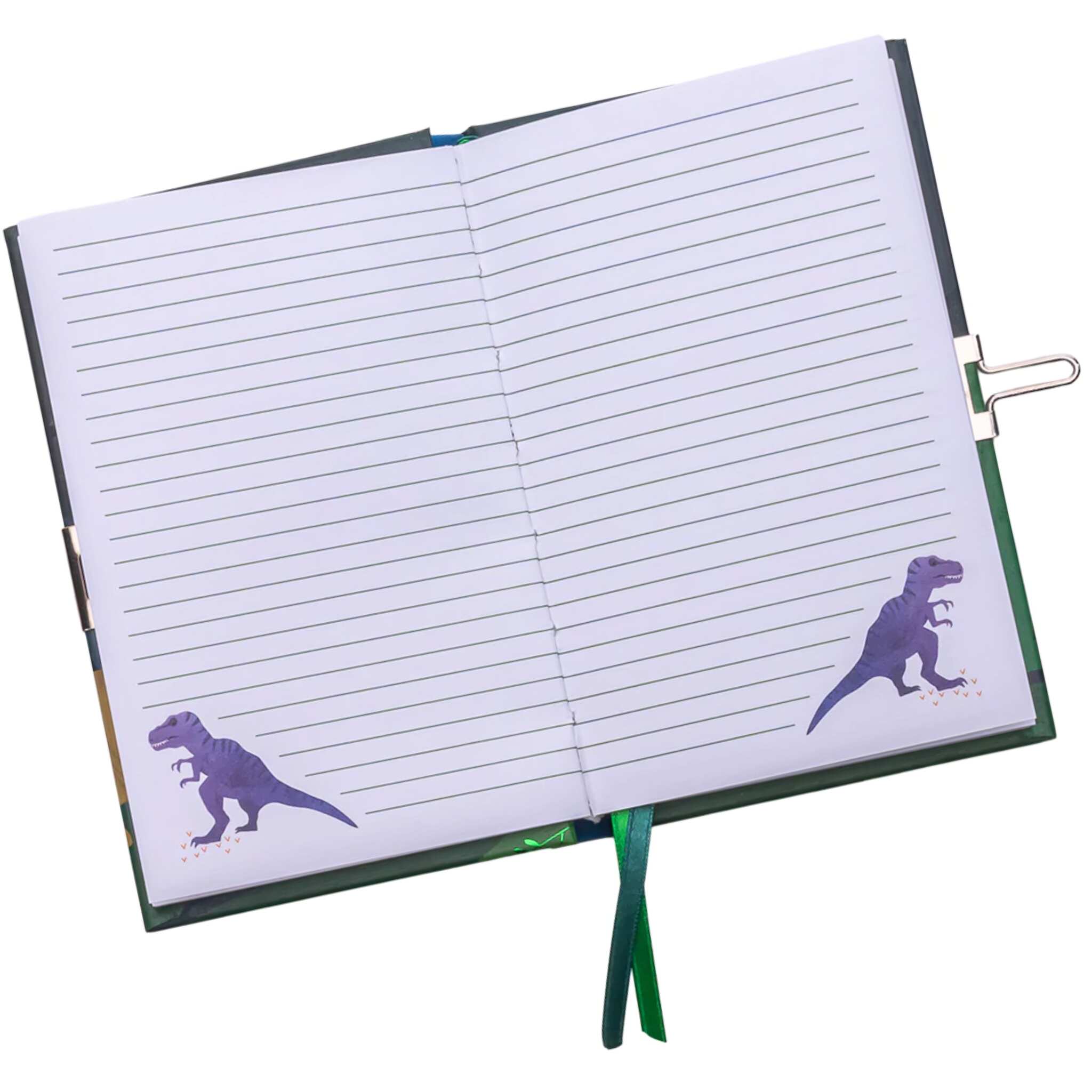 The Dino My Scented Secret Diary by Floss & Rock is an eco-friendly, dinosaur-themed diary featuring lined pages with charming purple dinosaur illustrations in the bottom corners. It includes a green ribbon bookmark and has a silver binder clip attached to the right page.