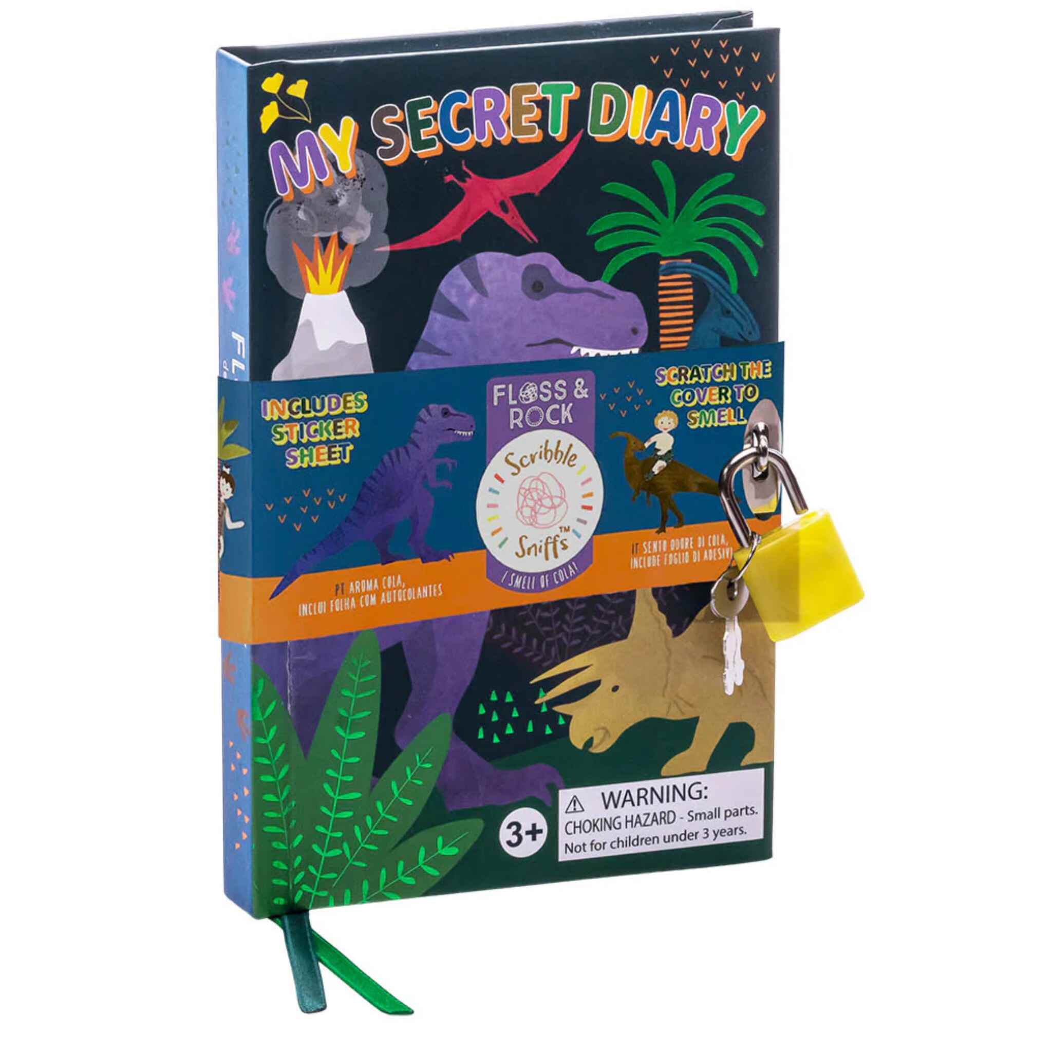 The "Dino My Scented Secret Diary" by Floss & Rock is a vibrant diary for children, featuring dinosaur-themed illustrations and an eco-friendly scratch-and-sniff cover. It comes with a lock and key and includes a sticker sheet, making it ideal for kids aged 3 and up.